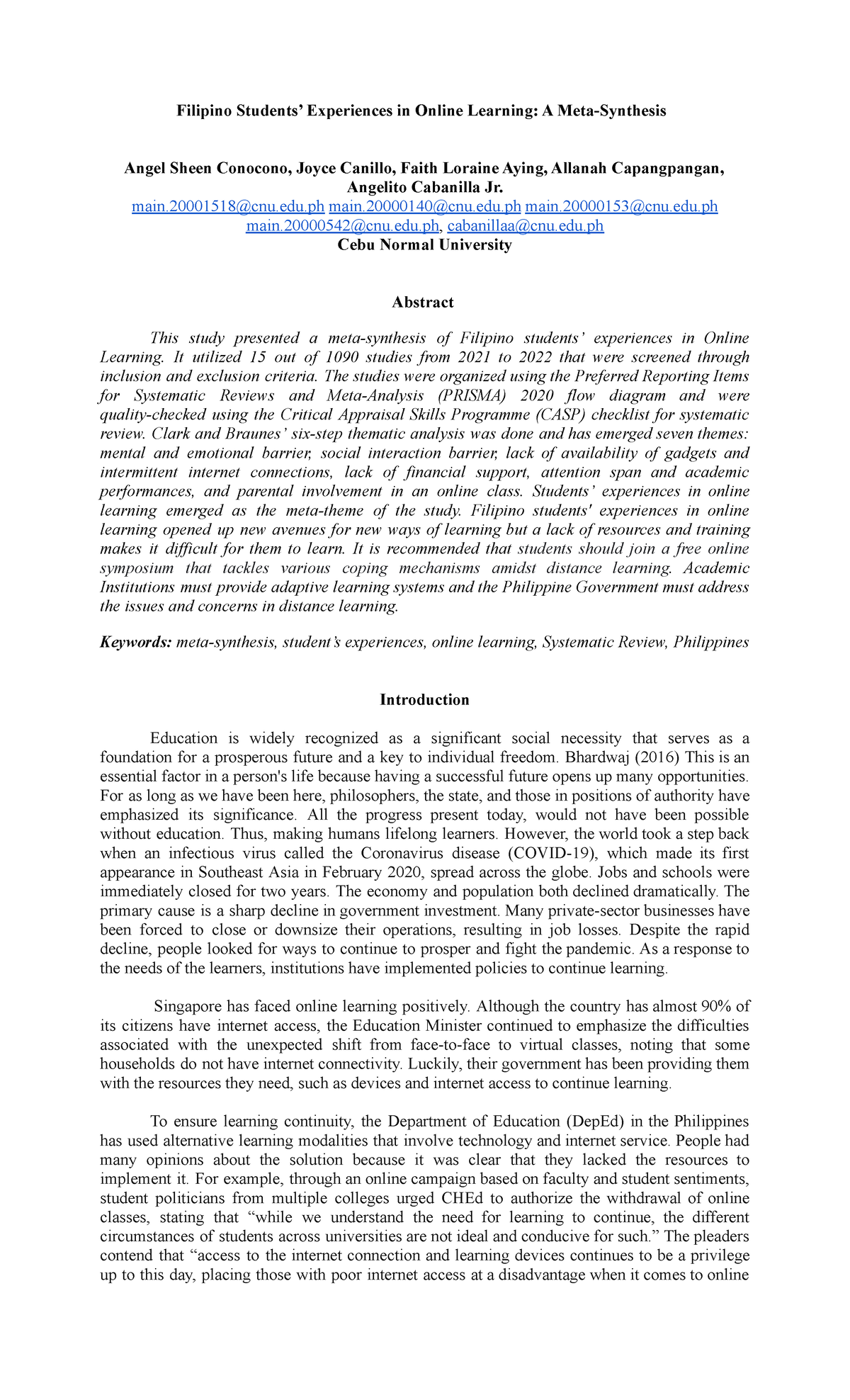 Filipino Students' Experiences in Online Learning: A Systematic Review ...