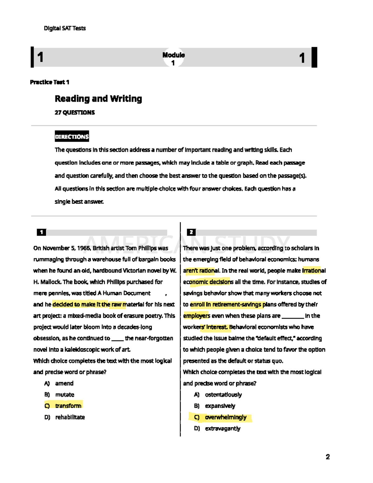 Digital SAT Practice Test 1: Module 1 Reading & Writing Guide - Studocu
