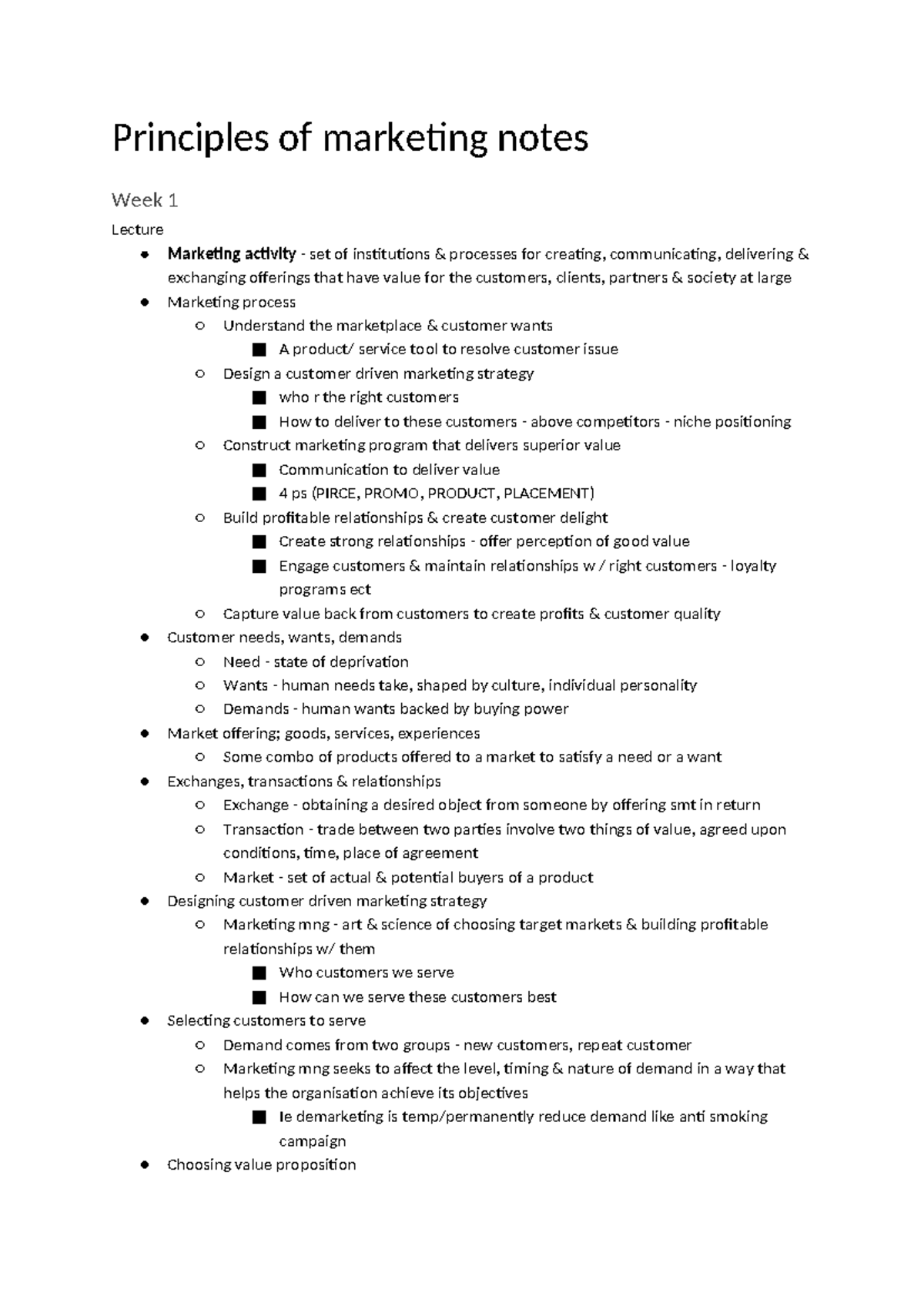 Principles of Marketing Notes: Week 1-7 Lecture Insights and Strategies ...