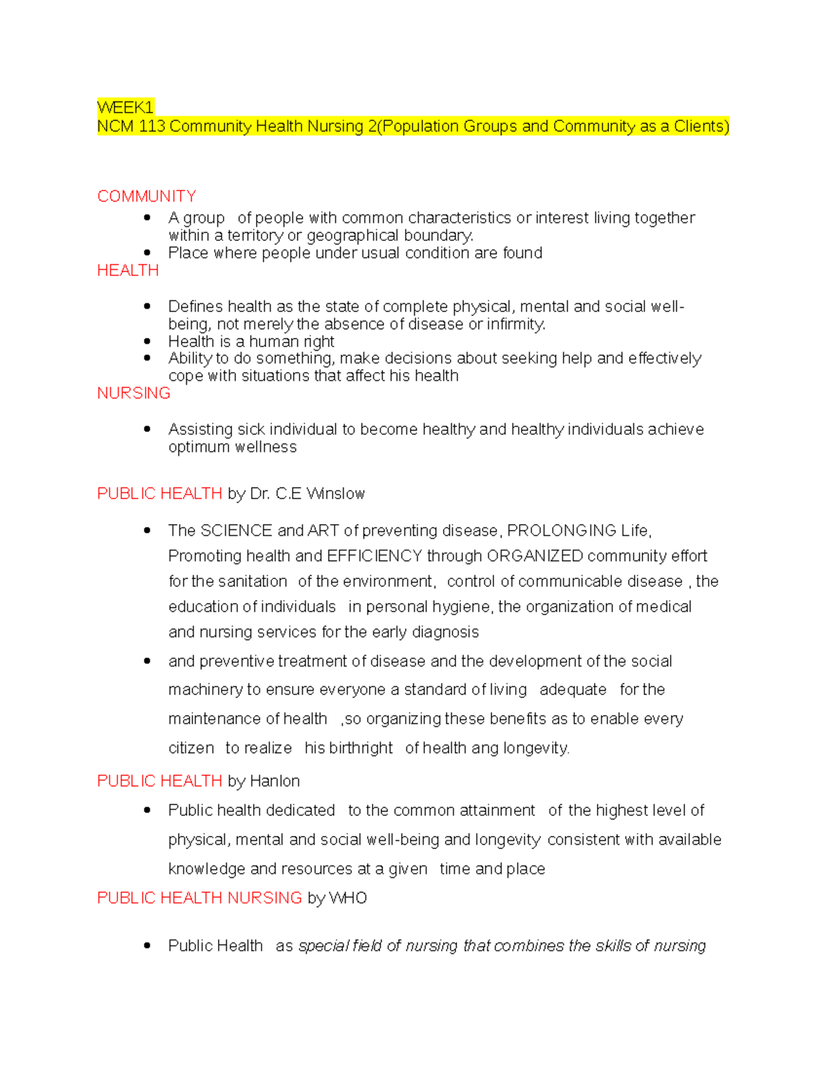 CHN- WEEK 1 - Intro to Community Health Nursing Concepts and Principles ...
