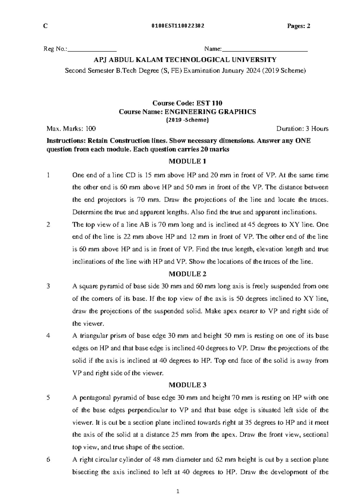 EST 110 Engineering Graphics Exam Questions - Jan 2024 - Studocu