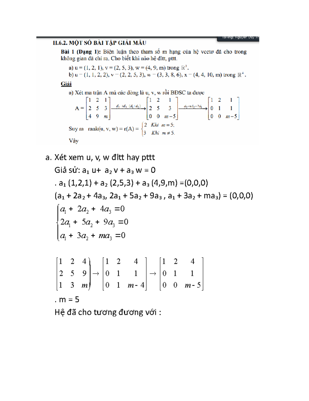 đtt - hbbbbb - a. Xét xem u, v, w đltt hay pttt Gi ả s ử: a 1 u+ a 2 v ...