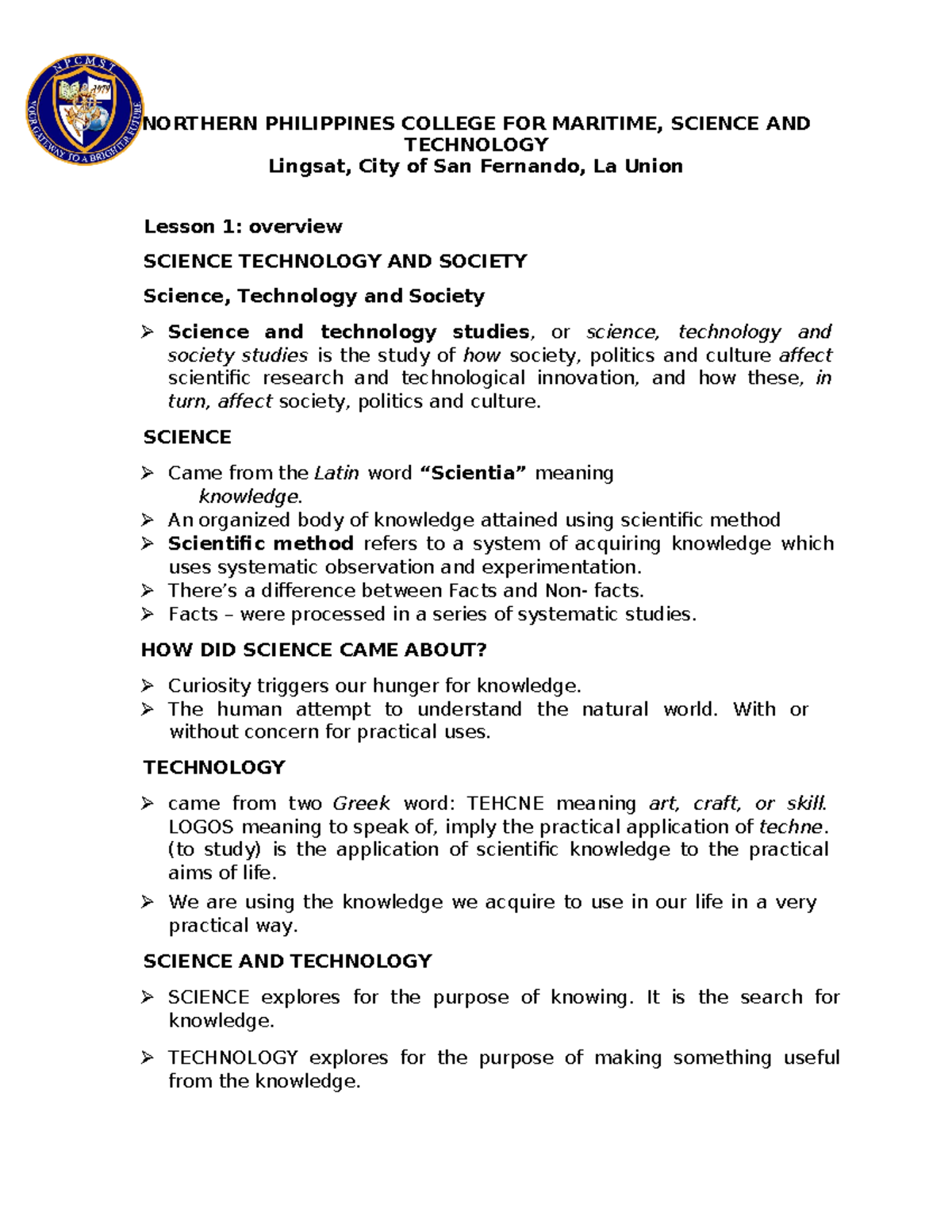 ST101: Lesson 1 - Overview of Science, Technology and Society - Studocu