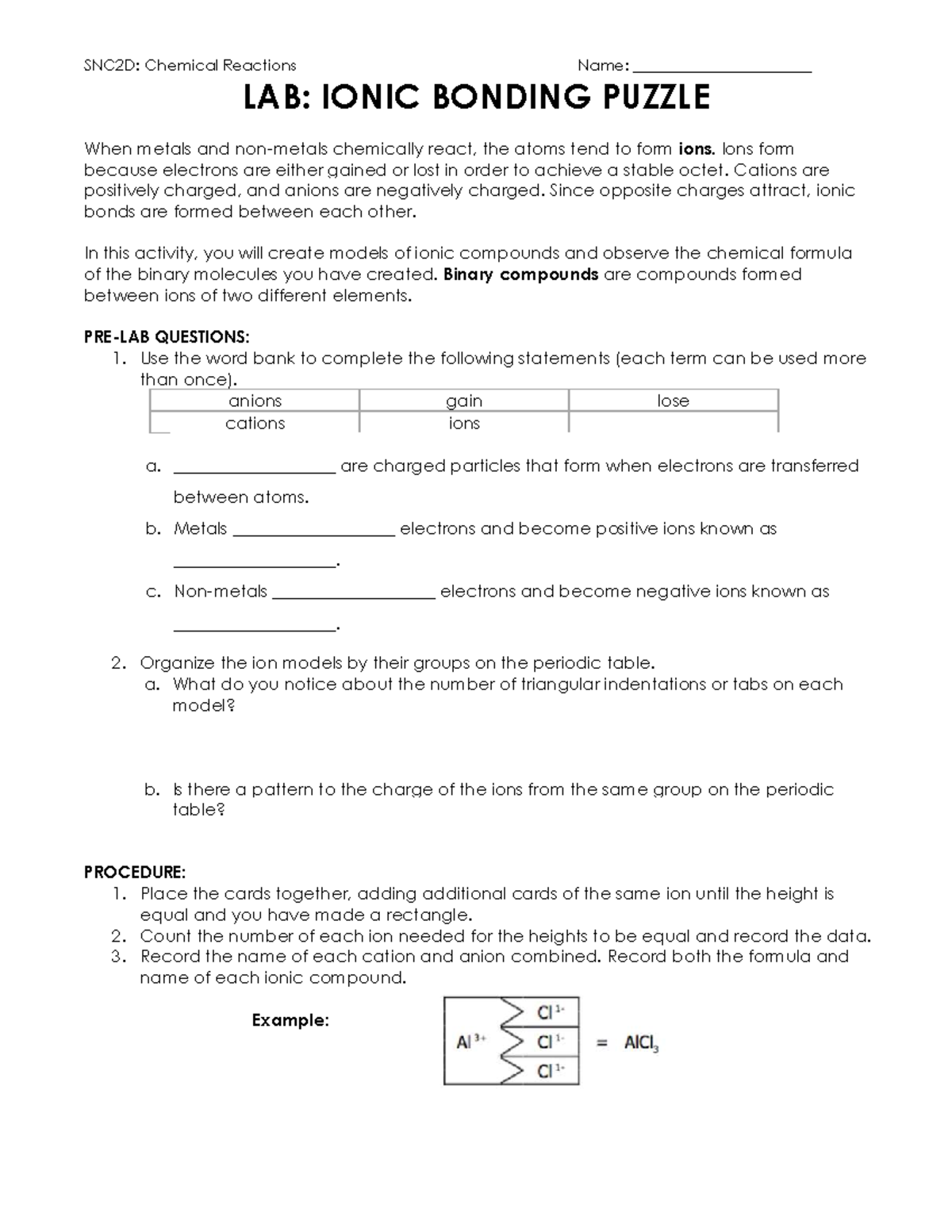 SNC2D: Ionic Bonding Lab - Creating Ionic Compounds Puzzle - Studocu