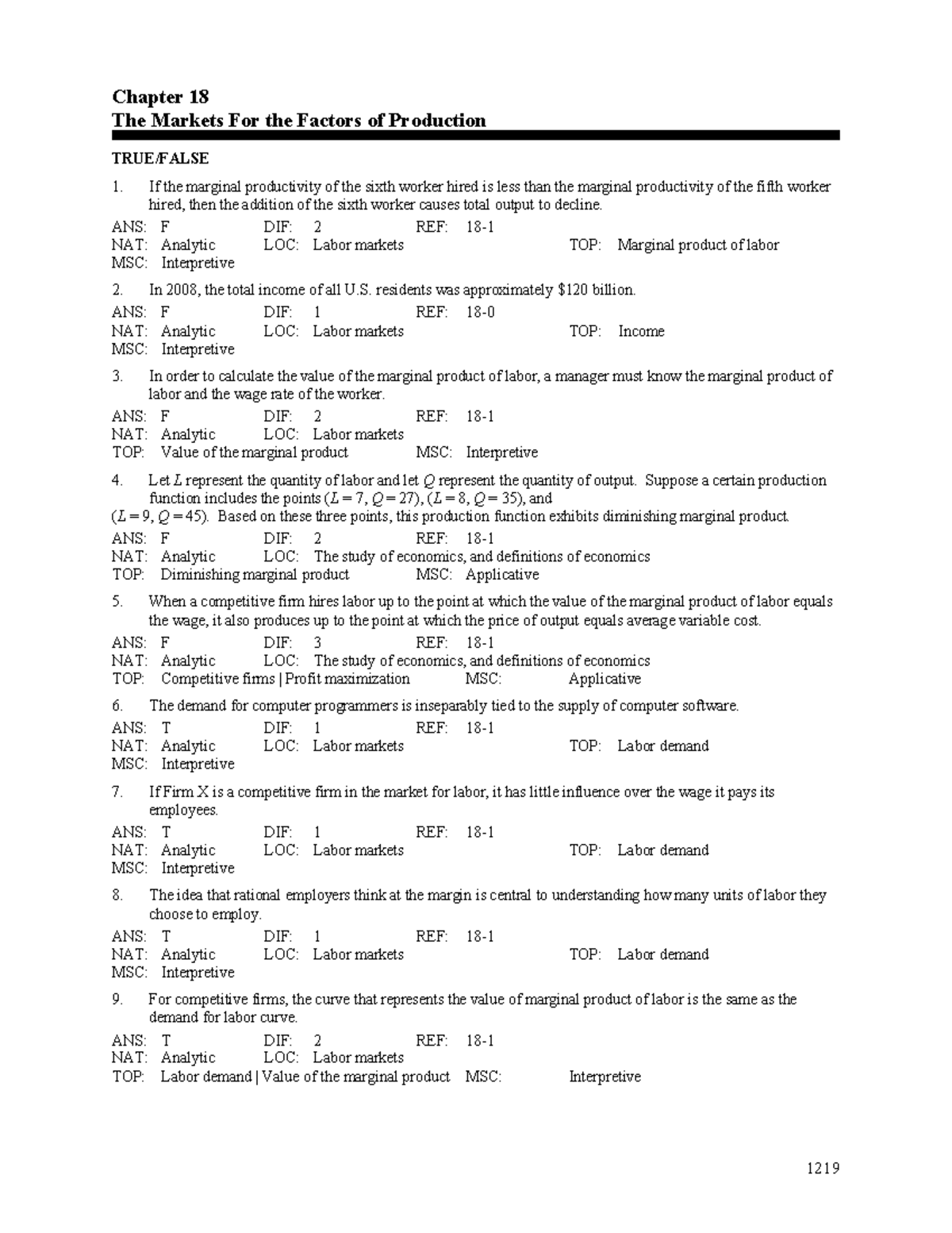 Chapter 18 - The Markets for the Factors of Production: Key Concepts ...