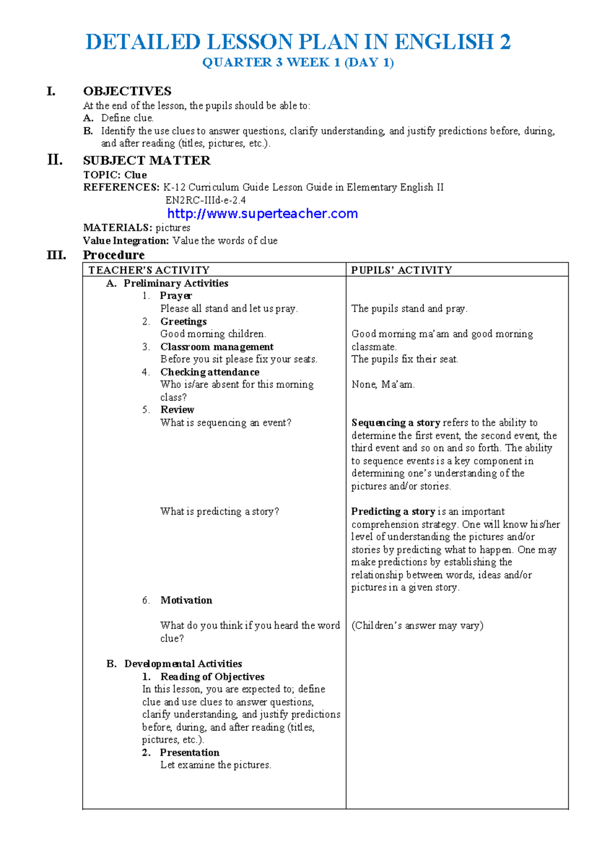 DLP ENG2Q3WK1 - Detailed Lesson Plan on Clues for English 2 - Studocu