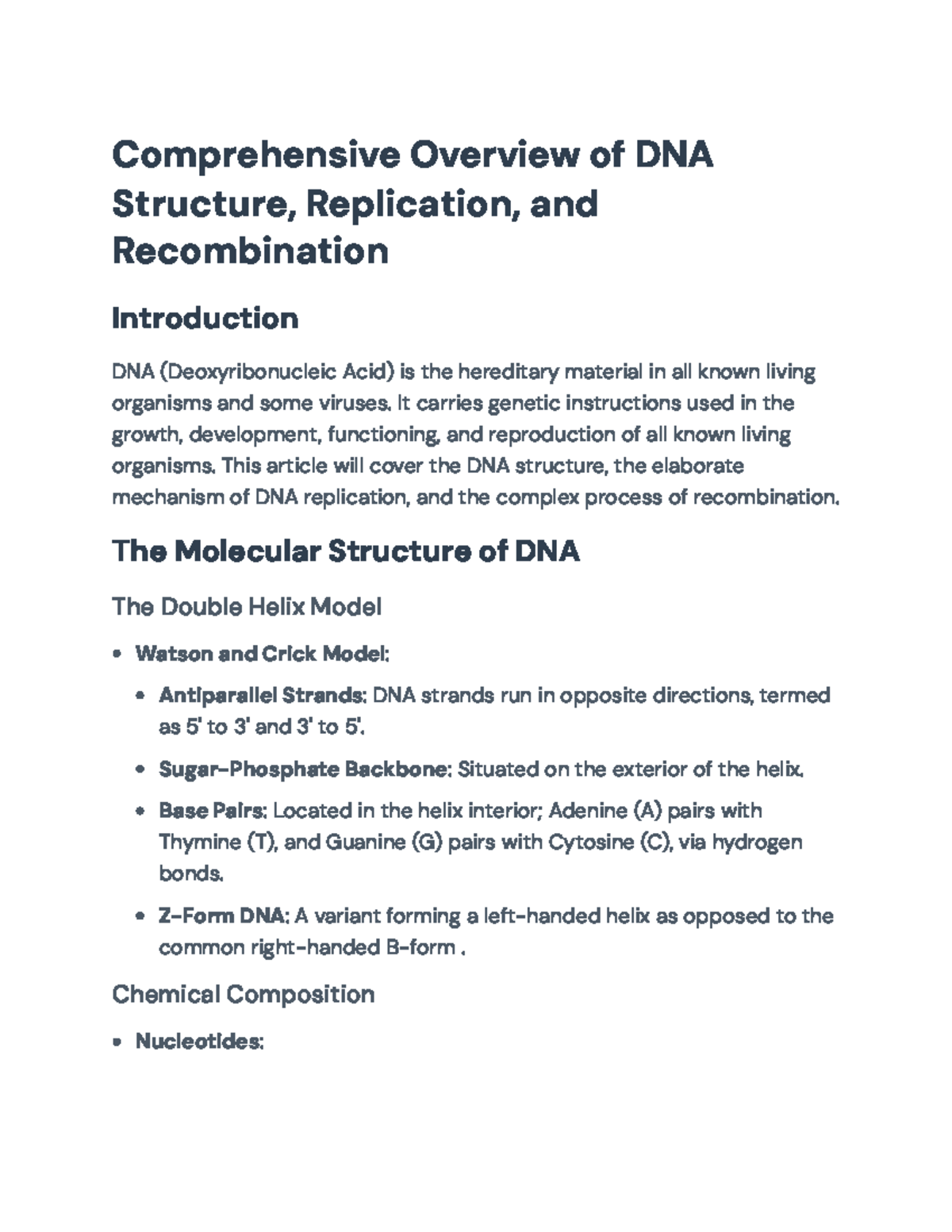 Comprehensive Overview of DNA Structure, Replication & Recombination ...