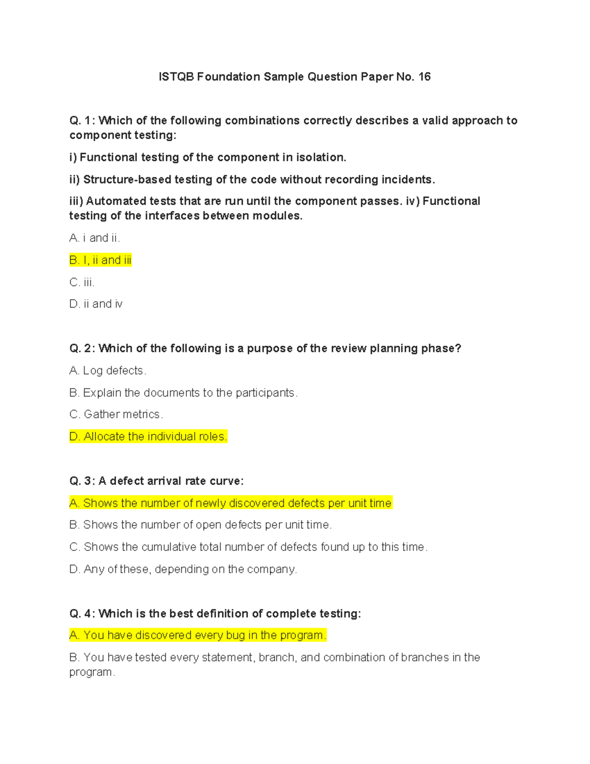 ISTQB Foundation Sample Question Paper No. 16: Component Testing ...