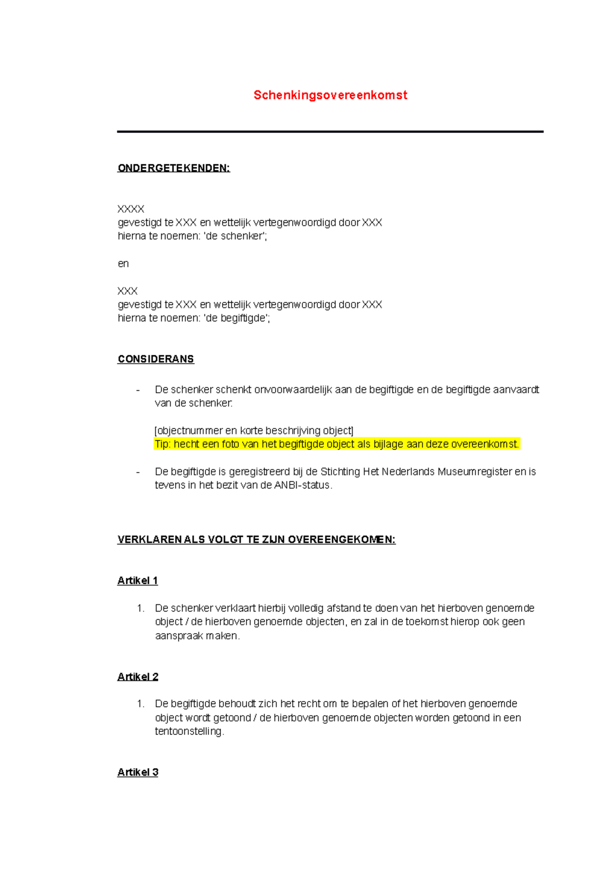 Model Schenkingsovereenkomst tussen Schenker en Begiftigde - Studeersnel