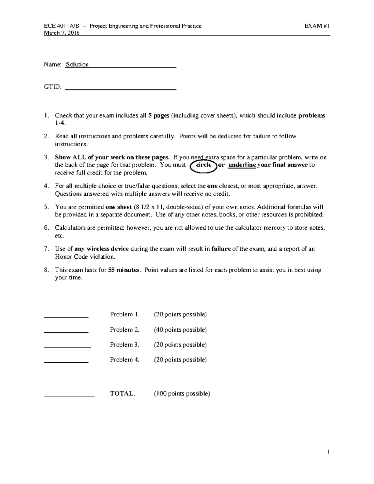 ECE 4011 Final Exam Solutions - Project Engineering & Professional ...