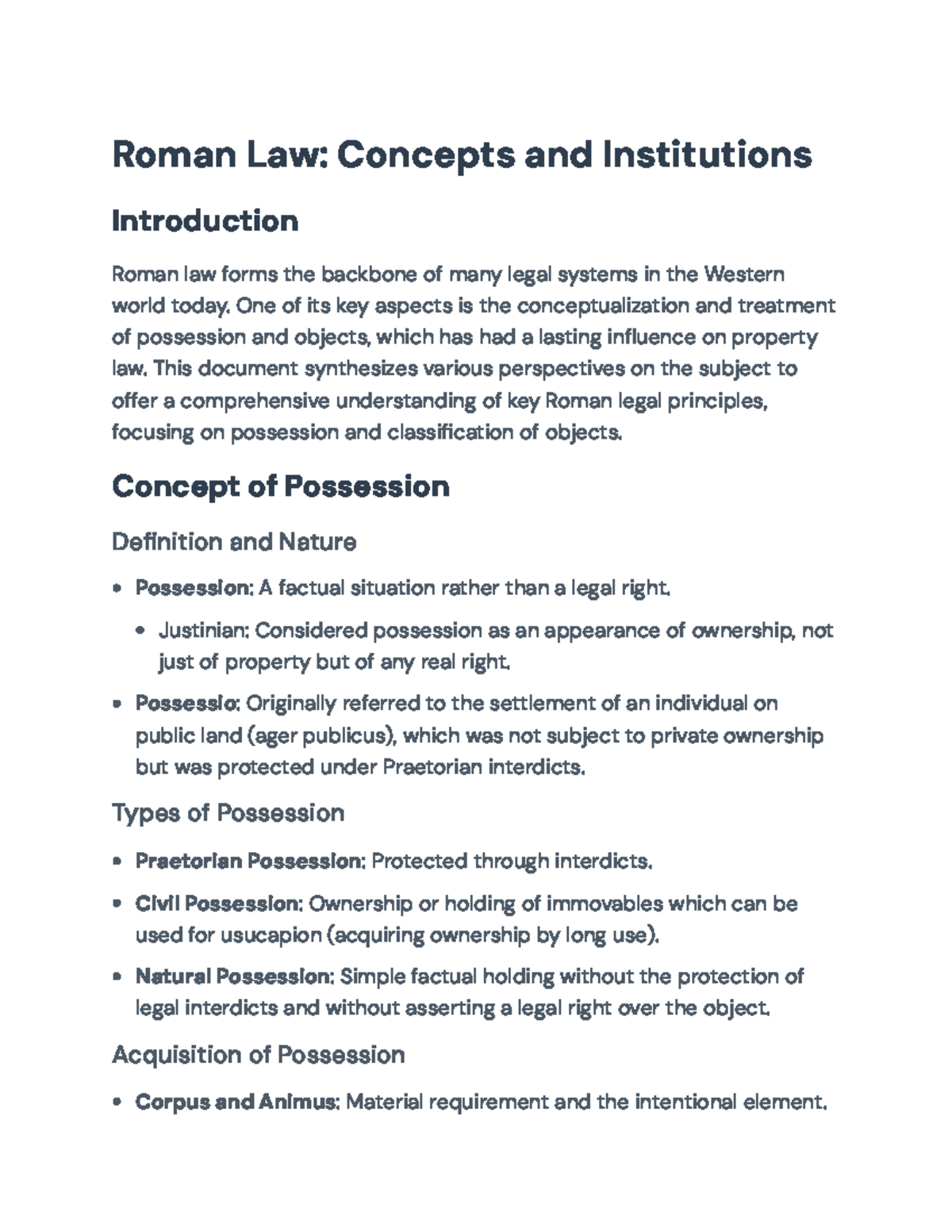 Roman Law: Key Concepts of Possession and Classification of Objects ...