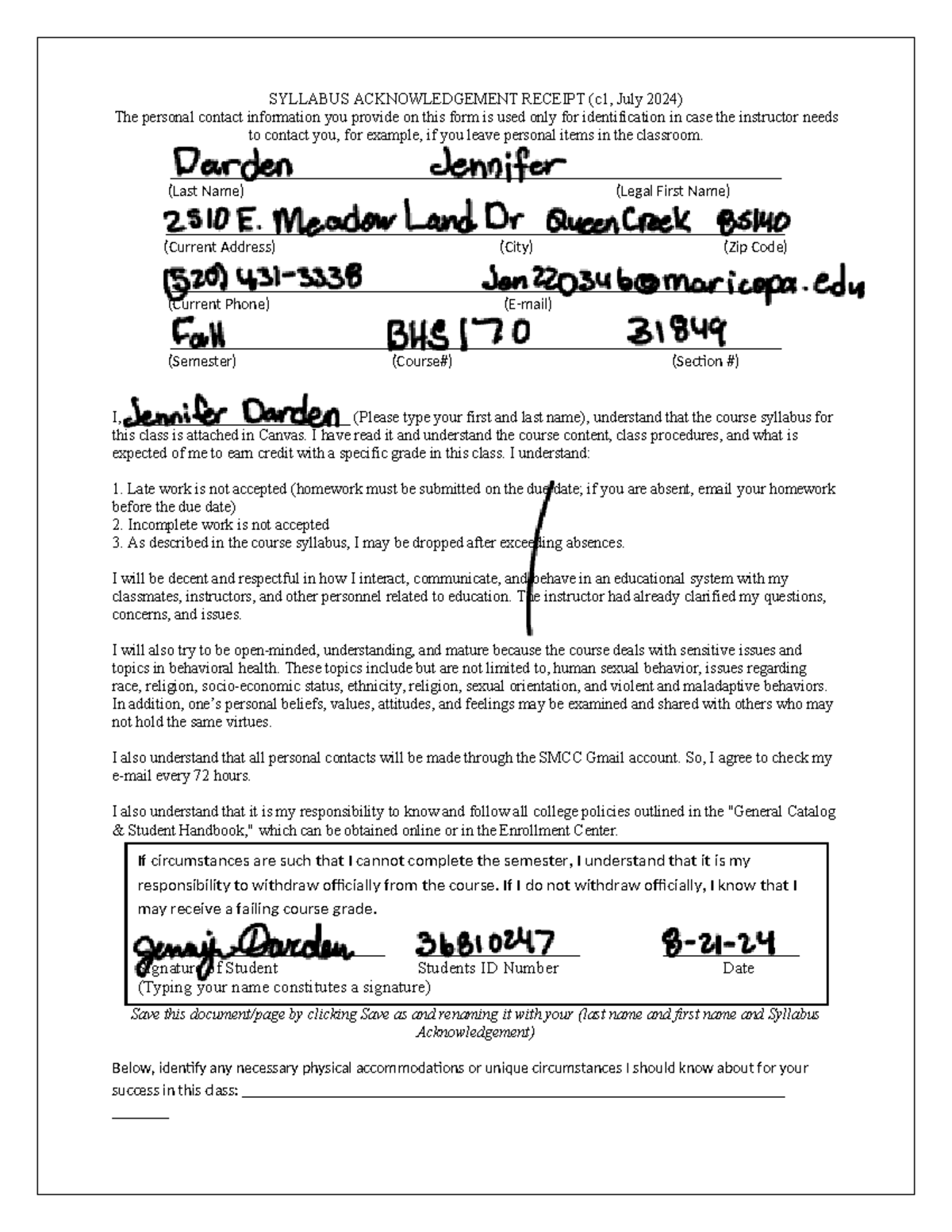 BHS 101 Syllabus Acknowledgment Receipt (July 2024) - Studocu