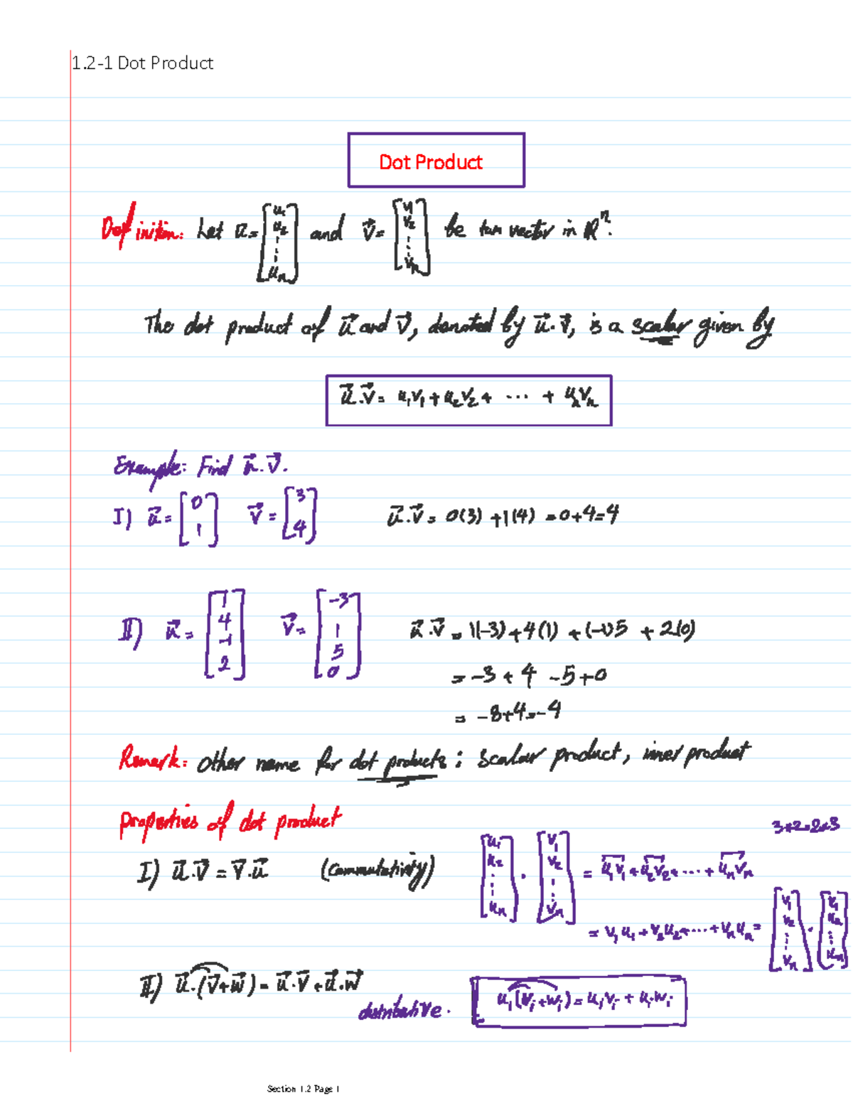 1.2-1 Dot Product - Calculus 1000A/B - Dot Product 1-1 Dot Product ...