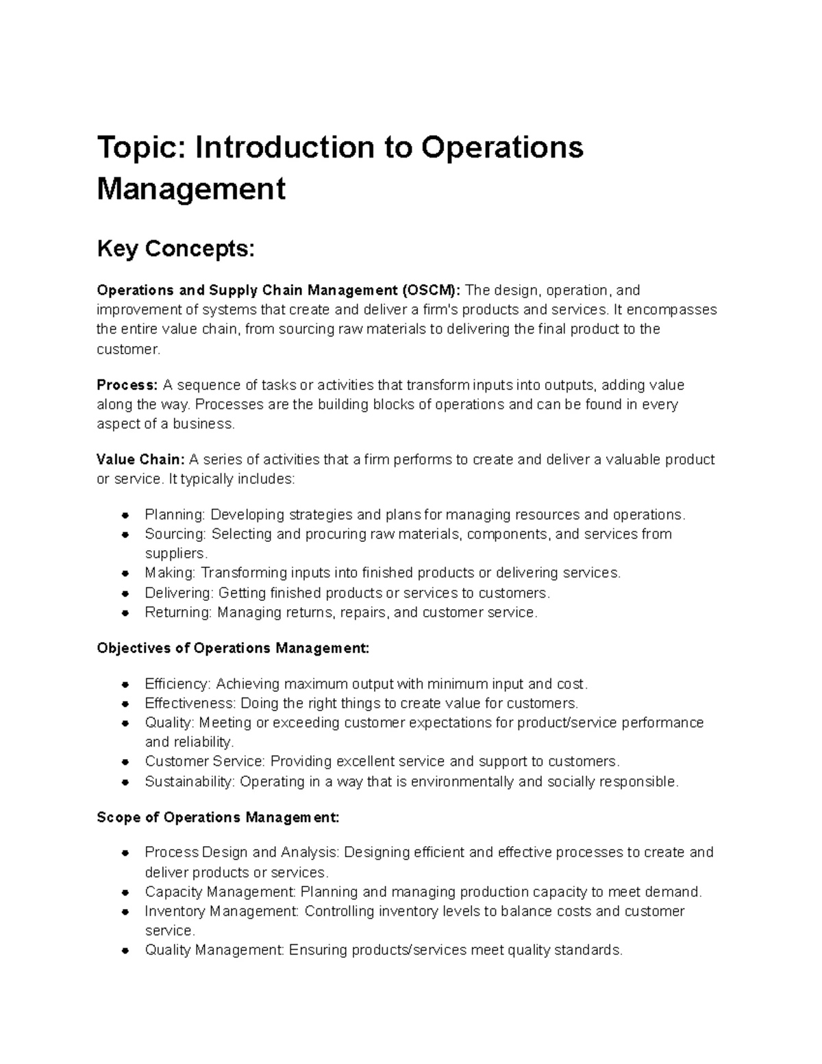 Operations Management Notes: Chapter 1-11 Overview and Key Concepts ...