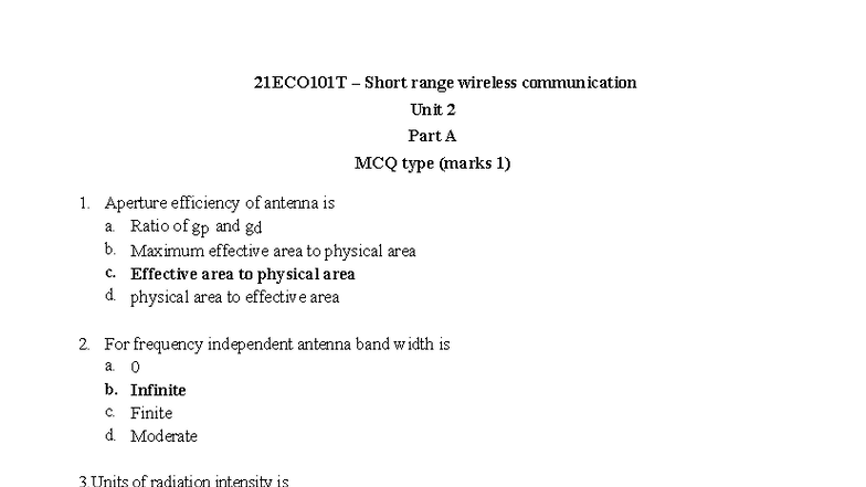 21ECO101T Unit 2 Short Range Wireless Communication MCQs - Studocu