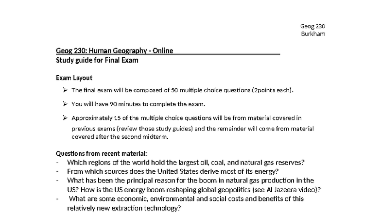 Geog 230: Human Geography Final Exam Study Guide Overview - Studocu