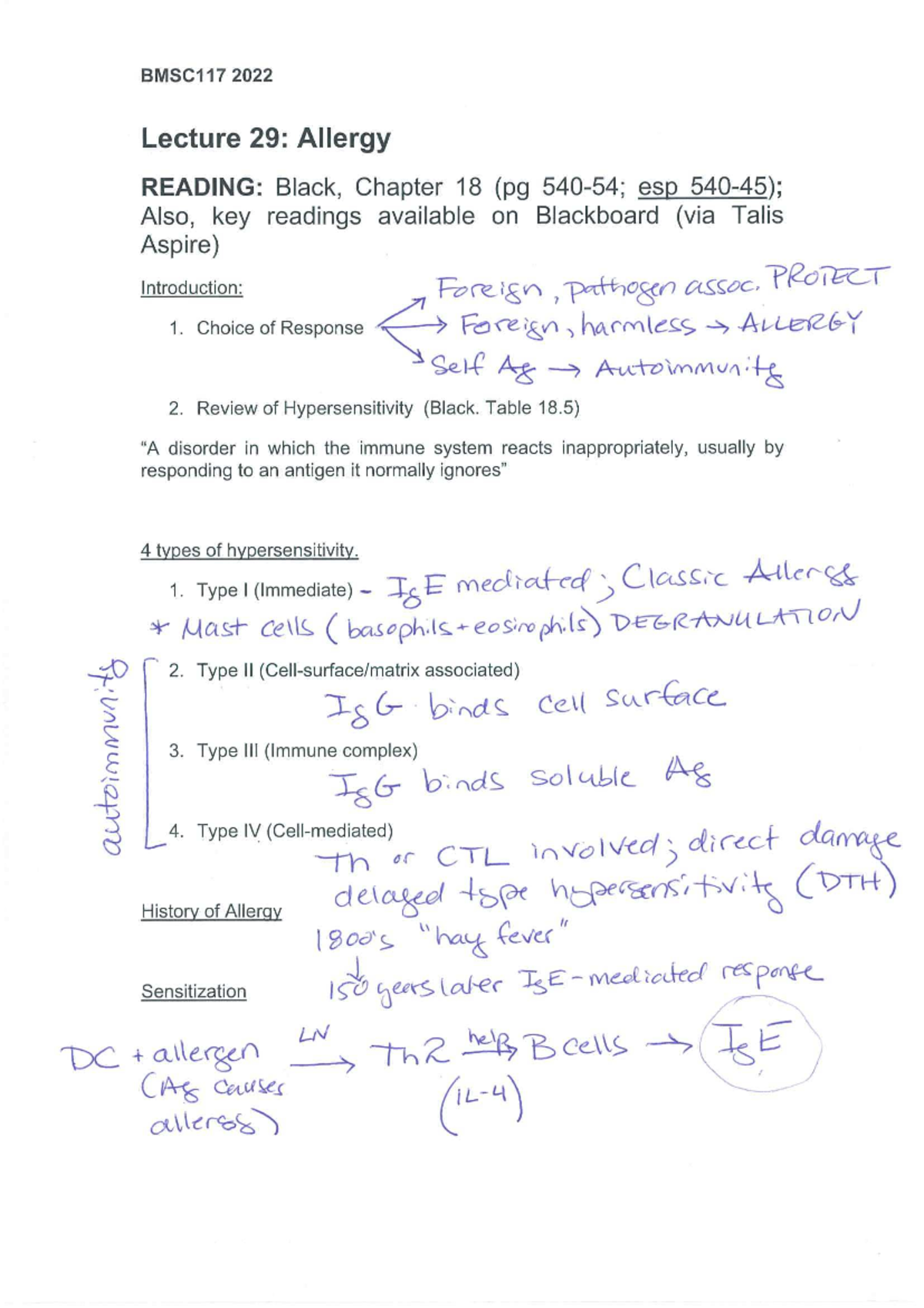 Allergy - Lecture notes - BMSC 117 2022 Lecture 29 : Allergy READING ...