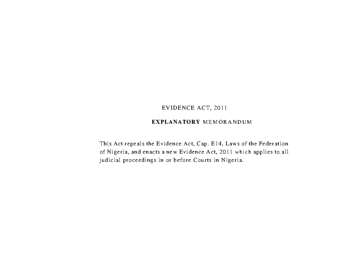 Evidence Act 2011: Comprehensive Explanatory Memorandum - Studocu