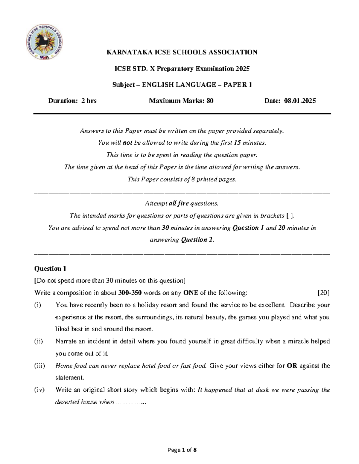 ICSE Std. X English Language Preparatory Exam 2025 - Paper 1 - Studocu