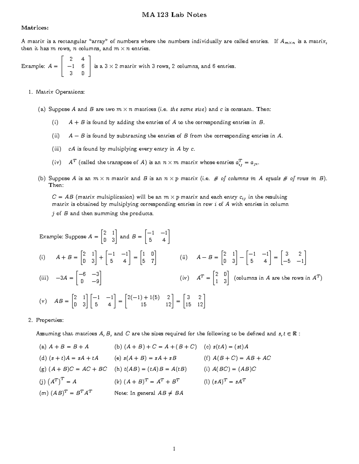 MA 123 Lab Notes: Understanding Matrices and Their Operations - Studocu