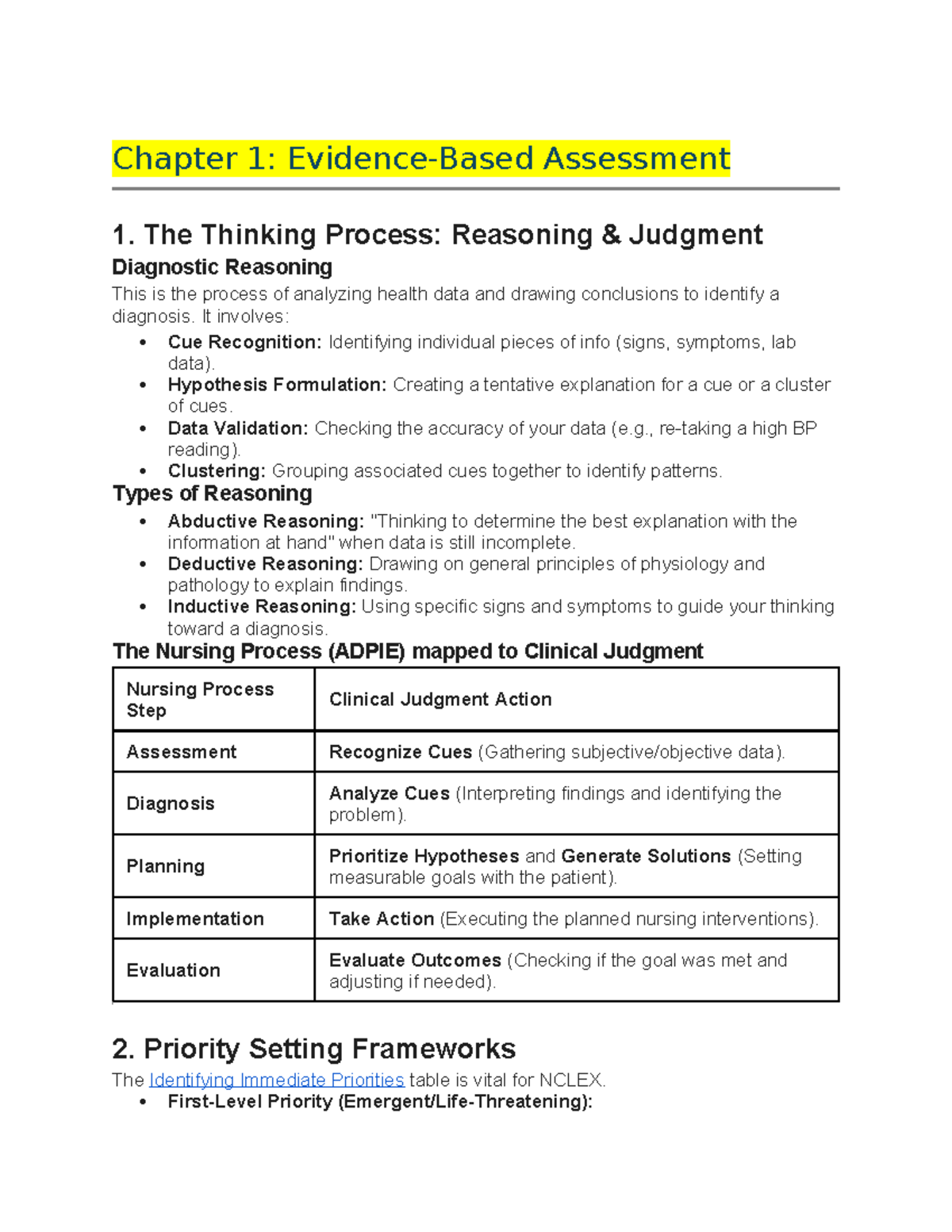 Ch 1: Evidence-Based Assessment & Clinical Reasoning in Nursing - Studocu