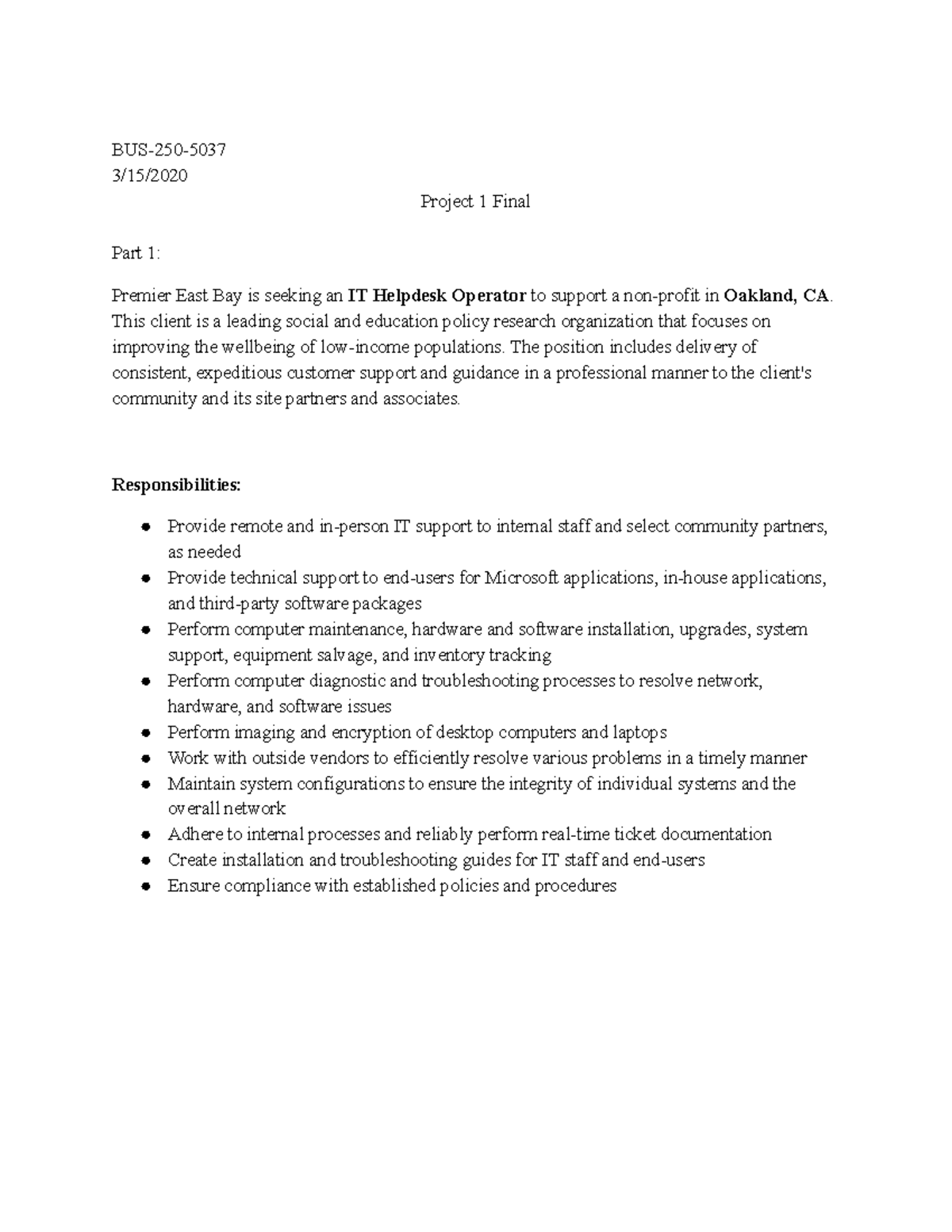 BUS-250 Project 1 Final - IT Helpdesk Operator Application Letter - Studocu