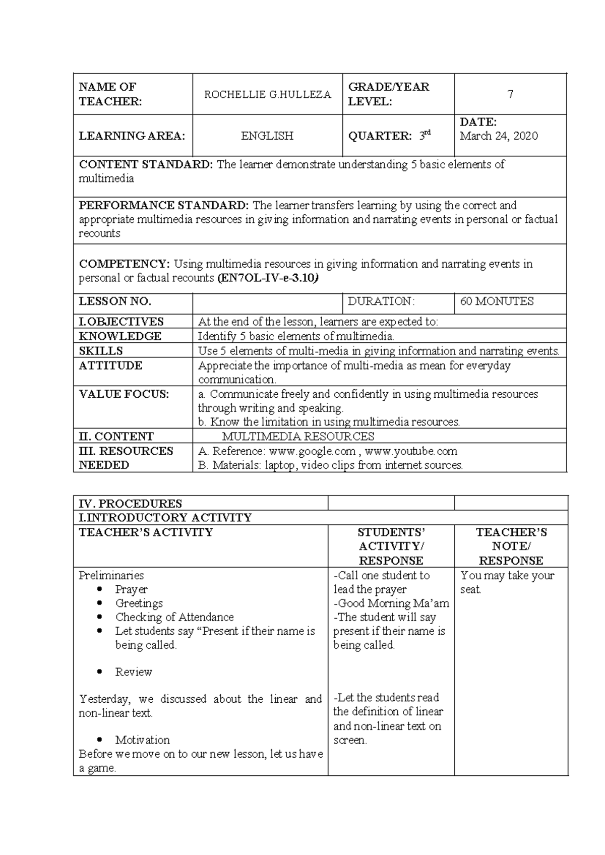 COT plan - GRADE 7 ENGLISH COT PLAN - NAME OF TEACHER: ROCHELLIE G ...