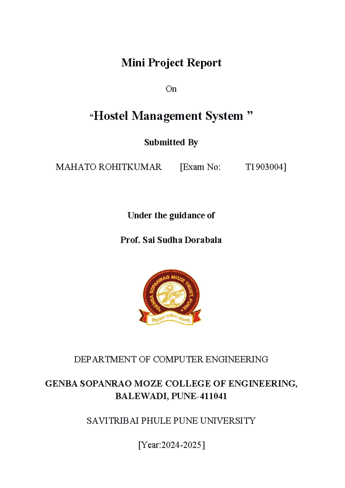 Mini Project Report: Girls Hostel Management System (CSE 101) - Studocu