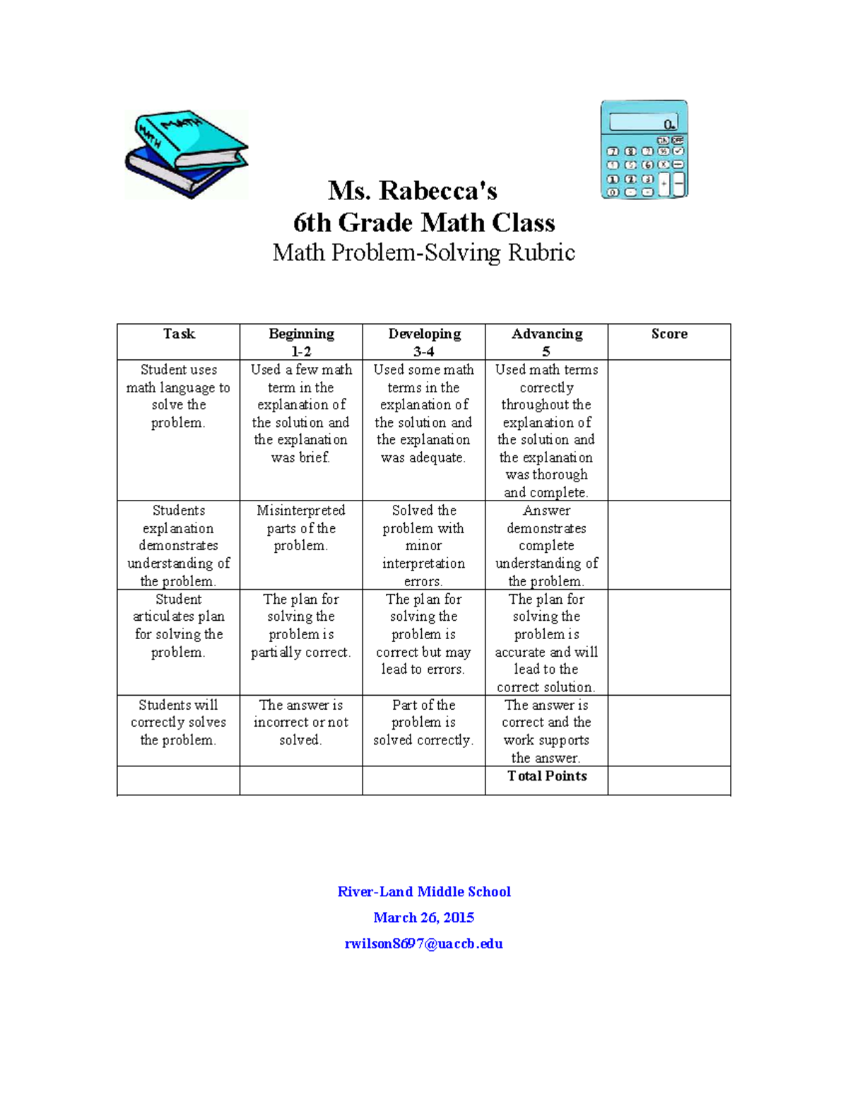 6th Grade Math Class Rubric for Problem Solving (260036212) - Studocu