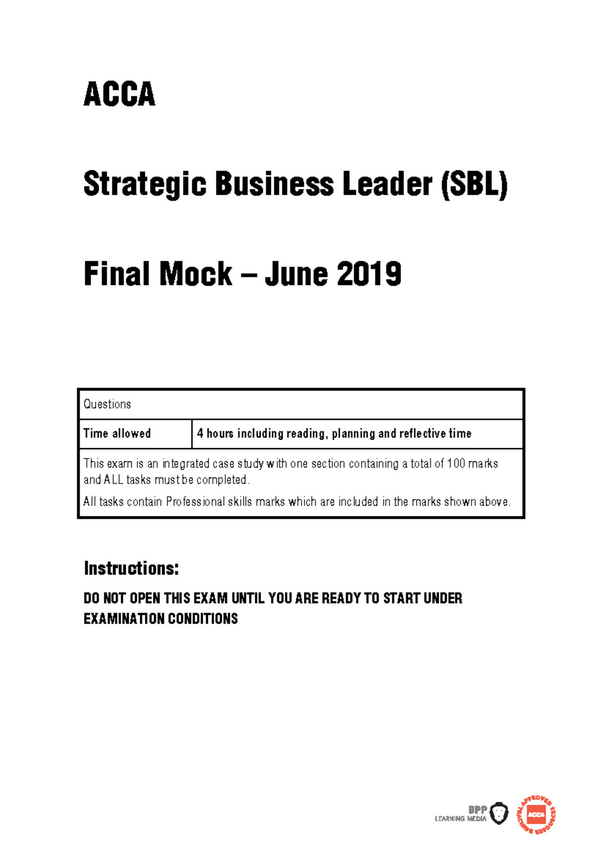 Final Mock Exam - Strategic Business Leader (SBL) - ACCA June 2019 - Document Preview