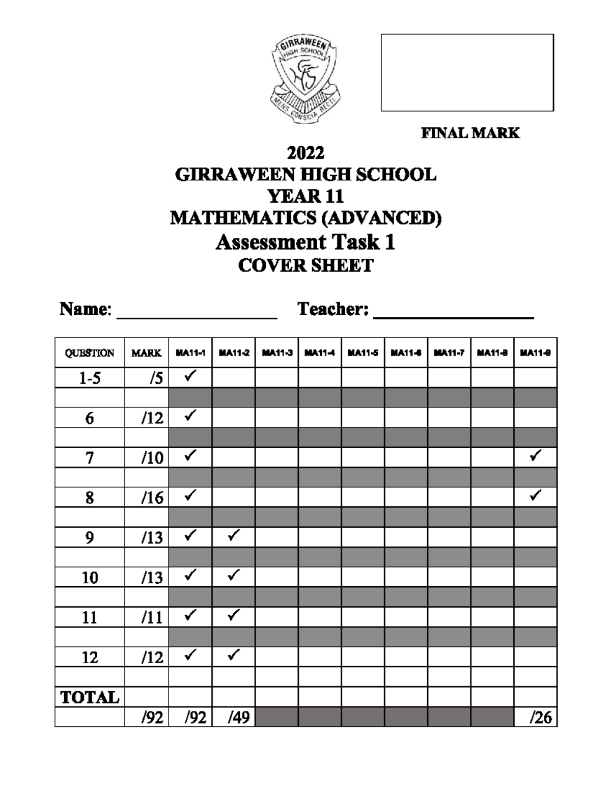 Year 11 Mathematics (Advanced) Final Exam 2022 - Assessment Task 1 ...