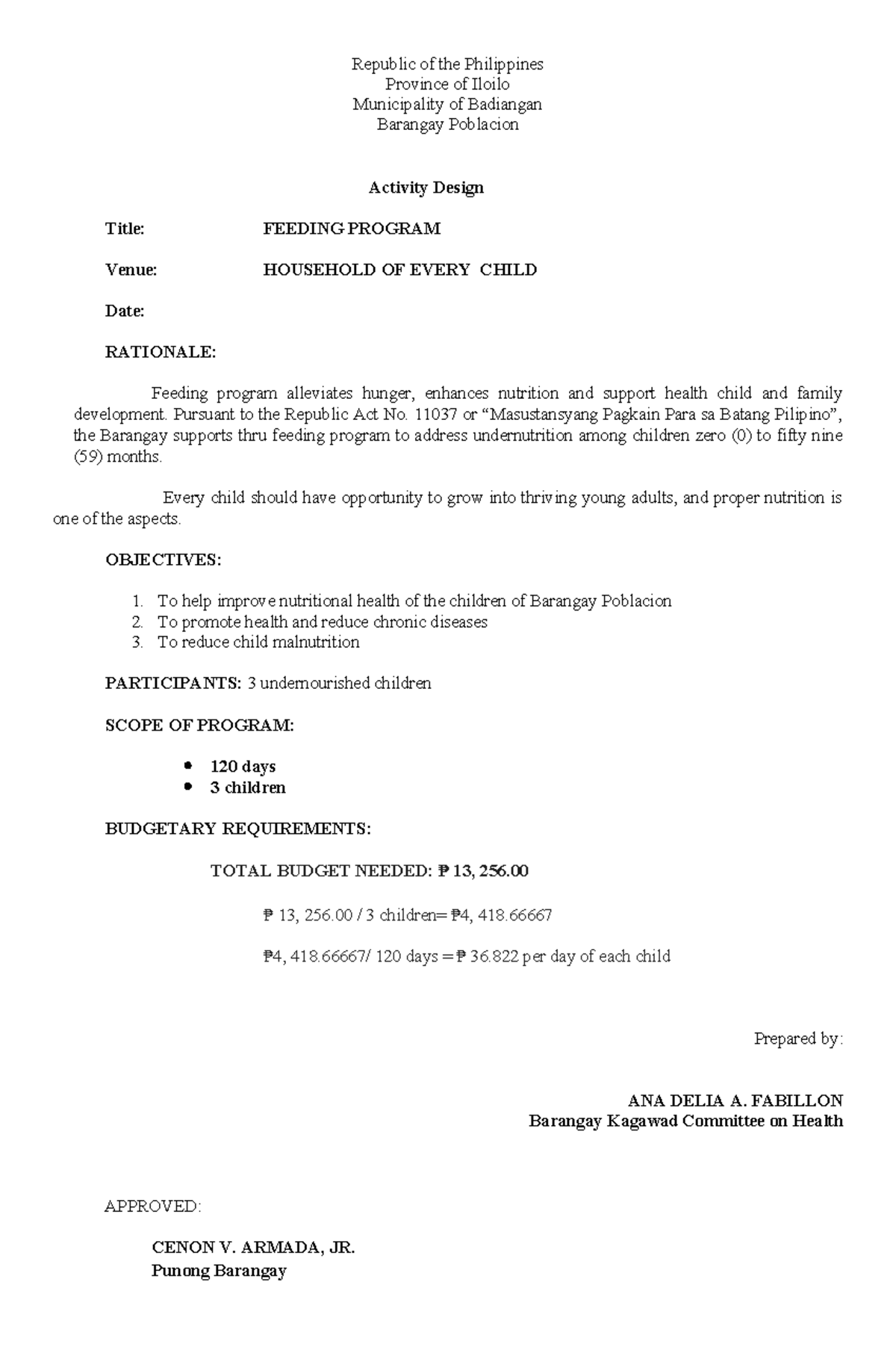 Feeding Program Design for Barangay Poblacion, Iloilo - Studocu