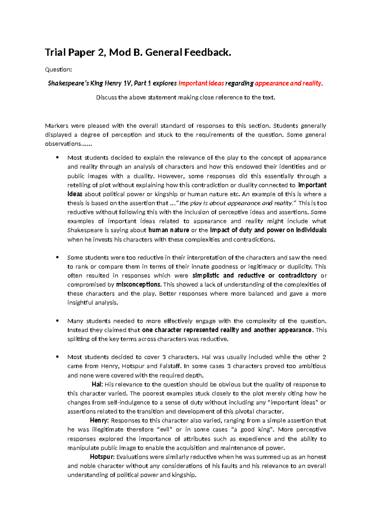Trial Paper 2 Mod B Feedback: Appearance vs. Reality in King Henry IV ...