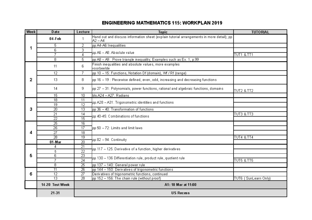 ENG MAT 115: 2019 Workplan & Lecture Schedule - Studocu