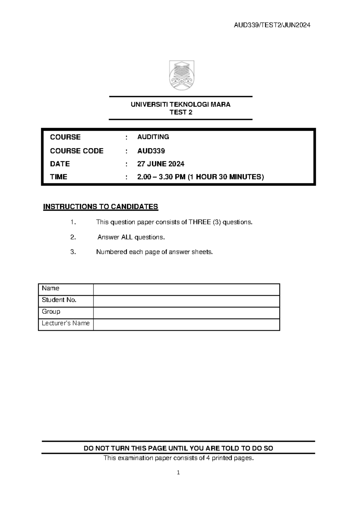AUD339 Test 2: Auditing Exam Paper - June 2024 - Studocu