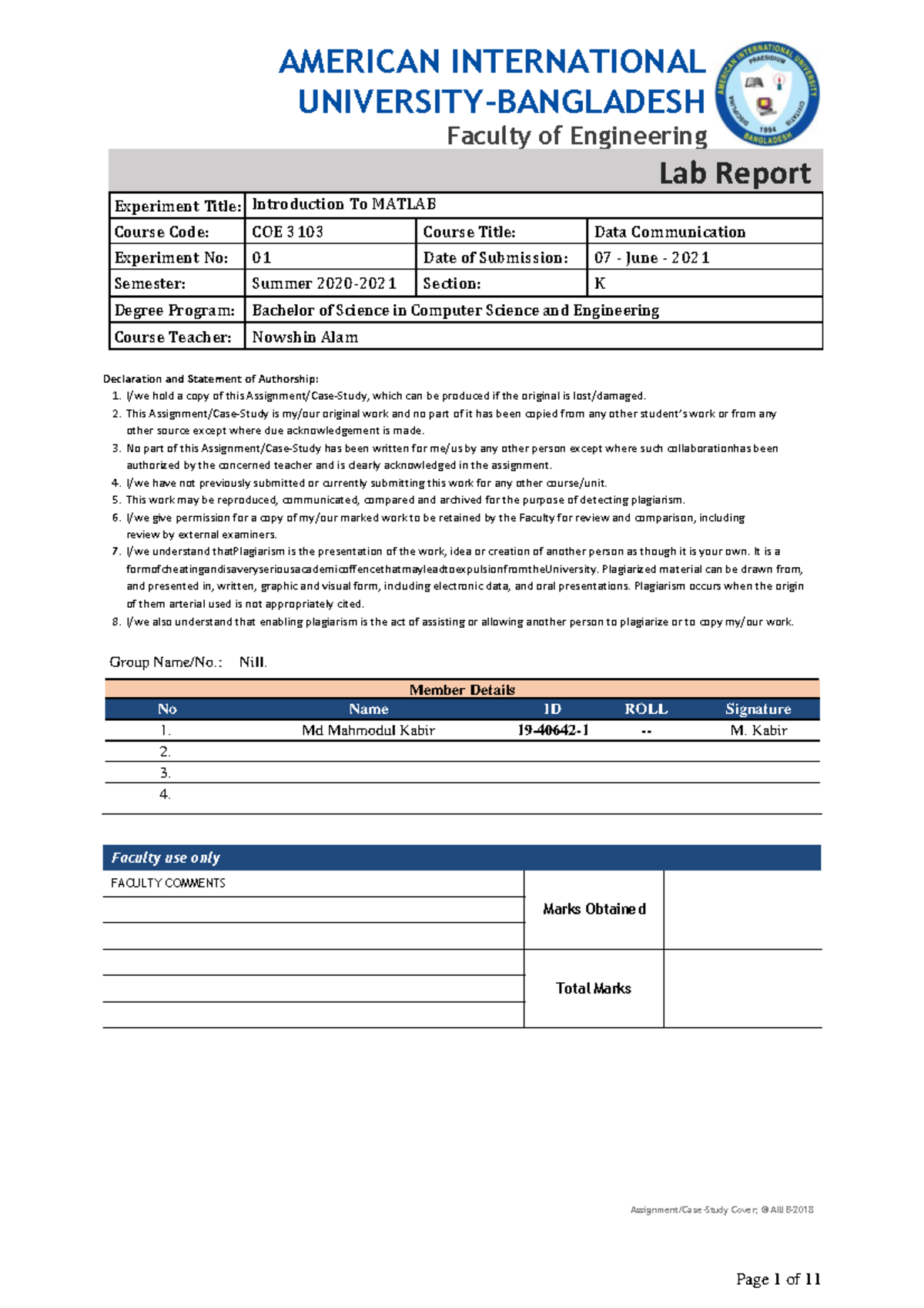 COE 3103 Lab Report: Introduction to MATLAB - Exp 01 - Studocu