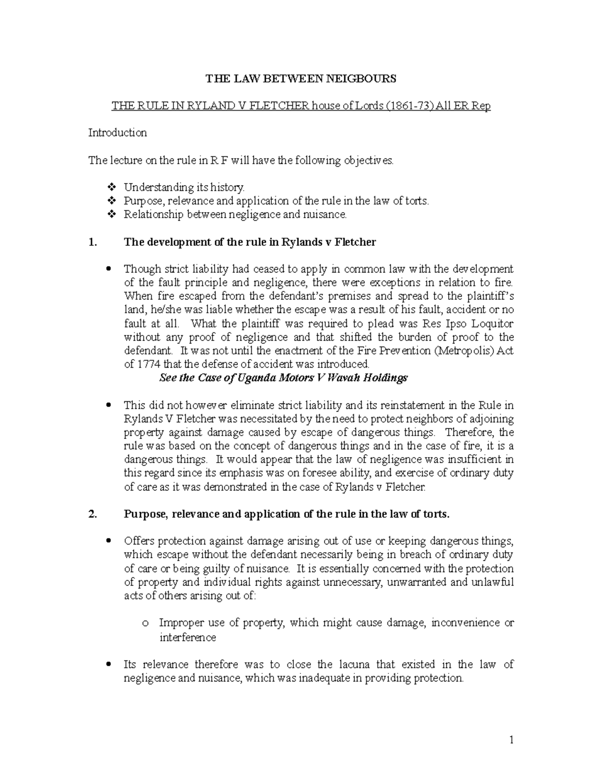 The Rule in Rylands v Fletcher: A Tort Law Lecture (LAW 301) - Studocu