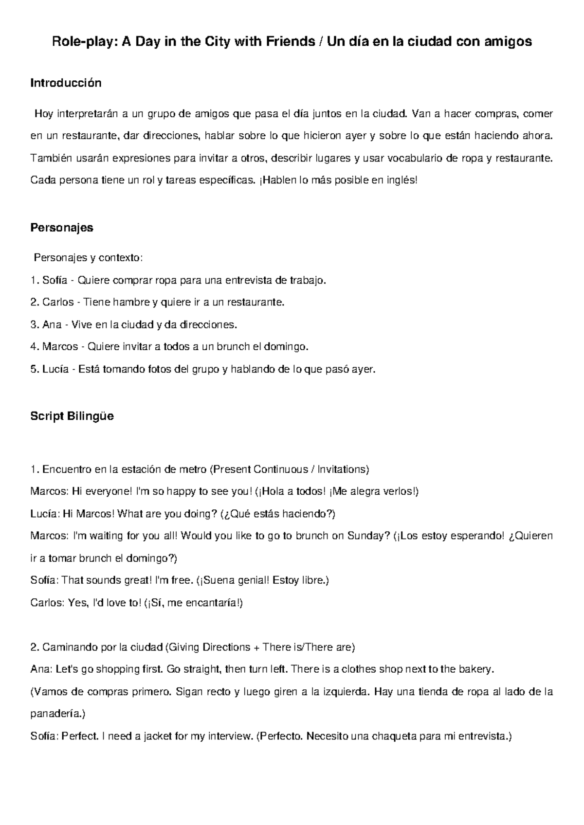 Role Play Script Bilingüe: A Day in the City with Friends - Studocu