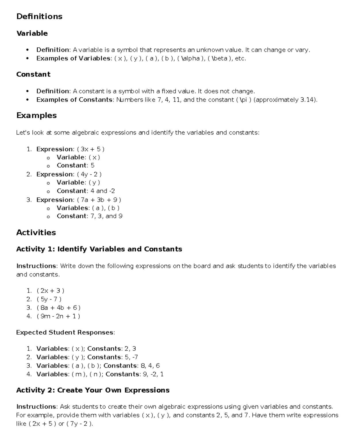 Math Q4 L1 - module - Definitions Variable Definition: A variable is a ...
