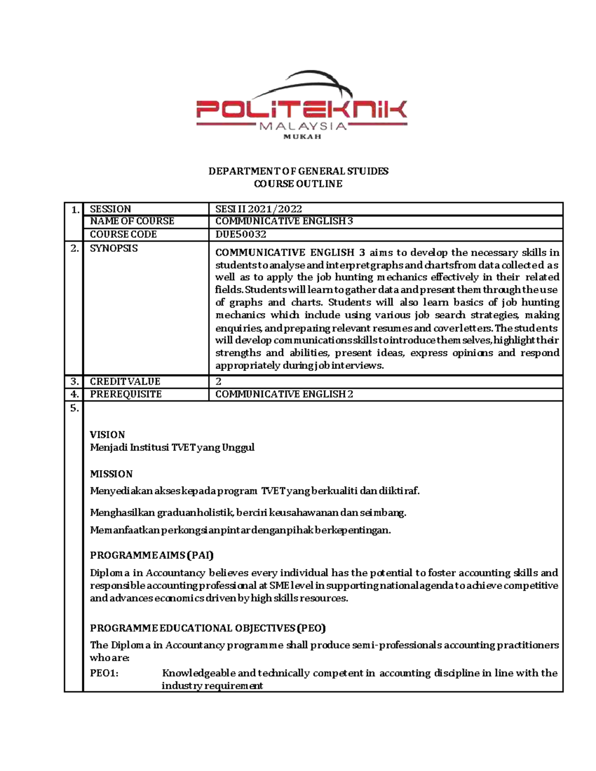 Due50032 Communicative English 3 Course Outline And Learning Outcomes