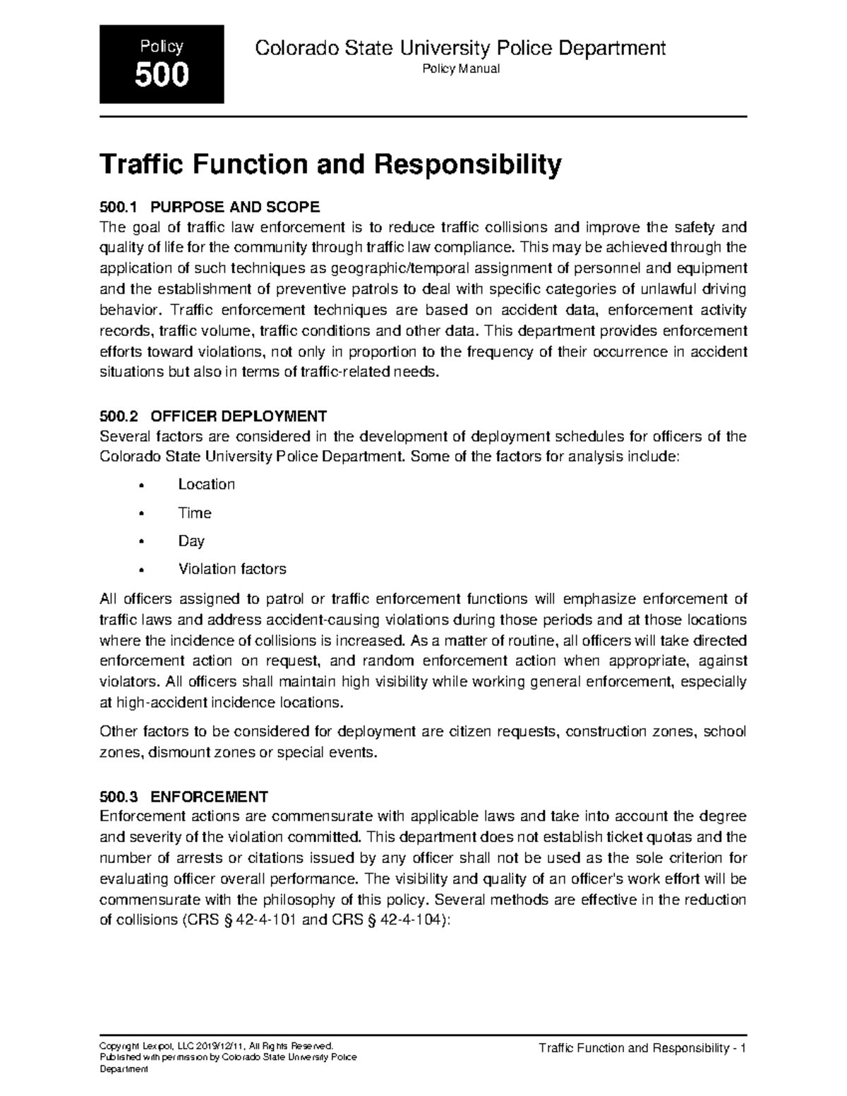 500 Traffic Function Responsibility - Policy 500 Colorado State ...