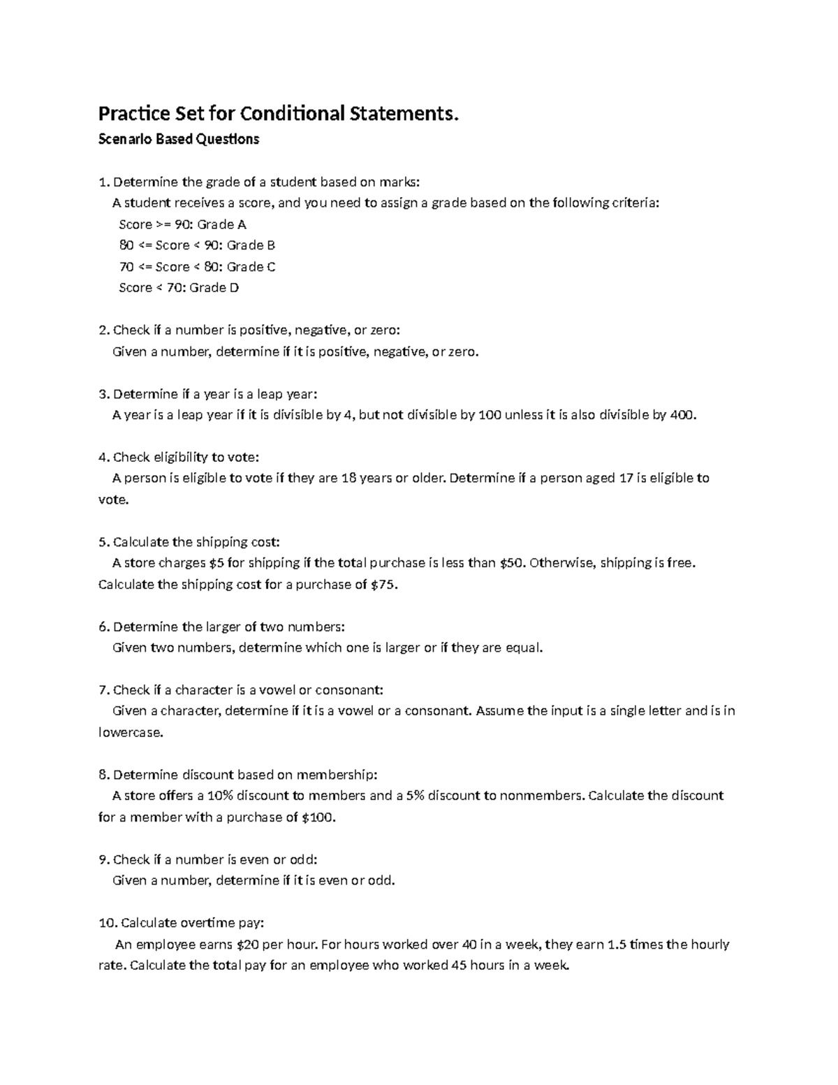 Practice Set for Conditional Statements: Scenario-Based Questions - Studocu