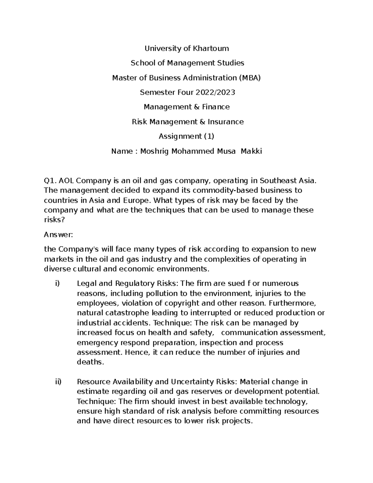 Risk Management & Insurance Assignment 1: Analysis of Risks and Control ...