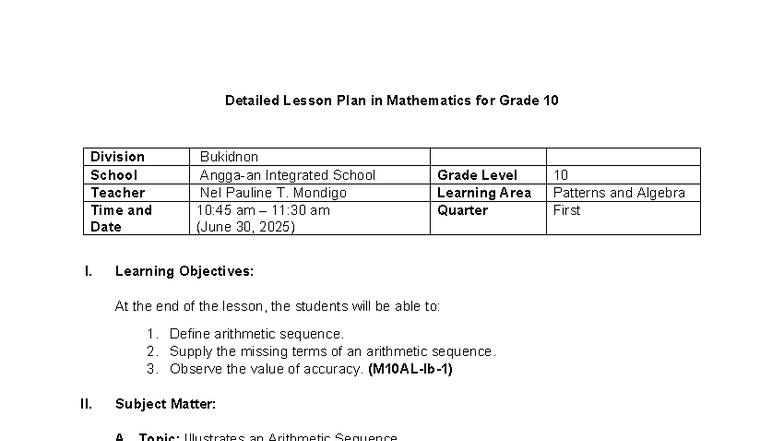 M10 - Detailed Lesson Plan on Arithmetic Sequences for Grade 10 - Studocu