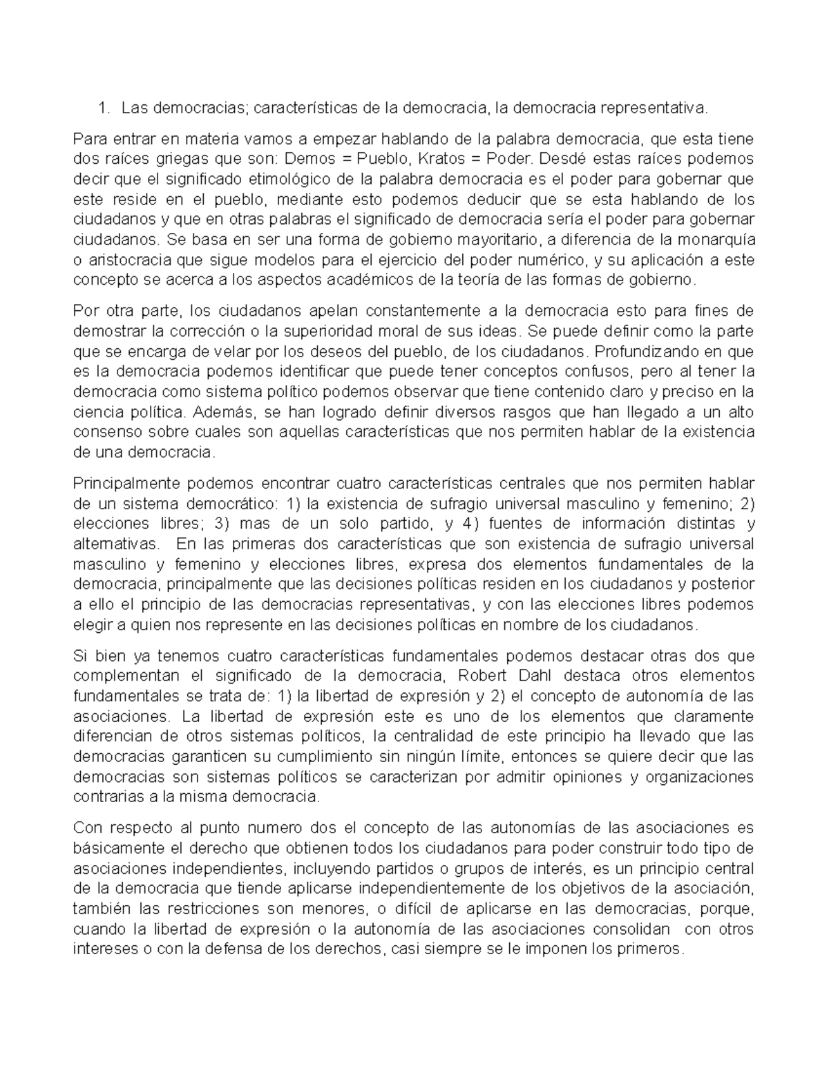 Características de la Democracia Representativa - Curso 1 - Studocu