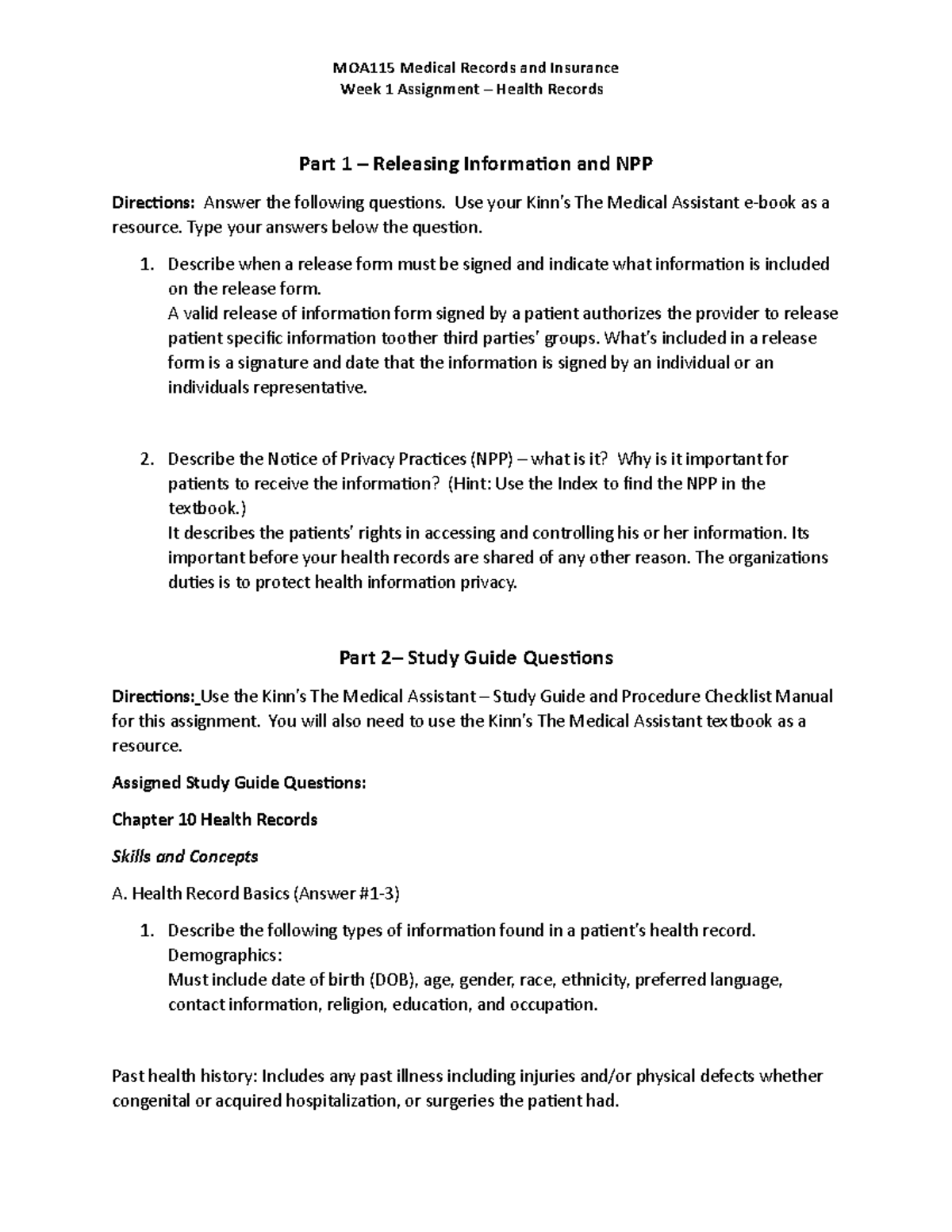 Wk1A - Health Records Assignment: Releasing Info & Privacy Practices ...