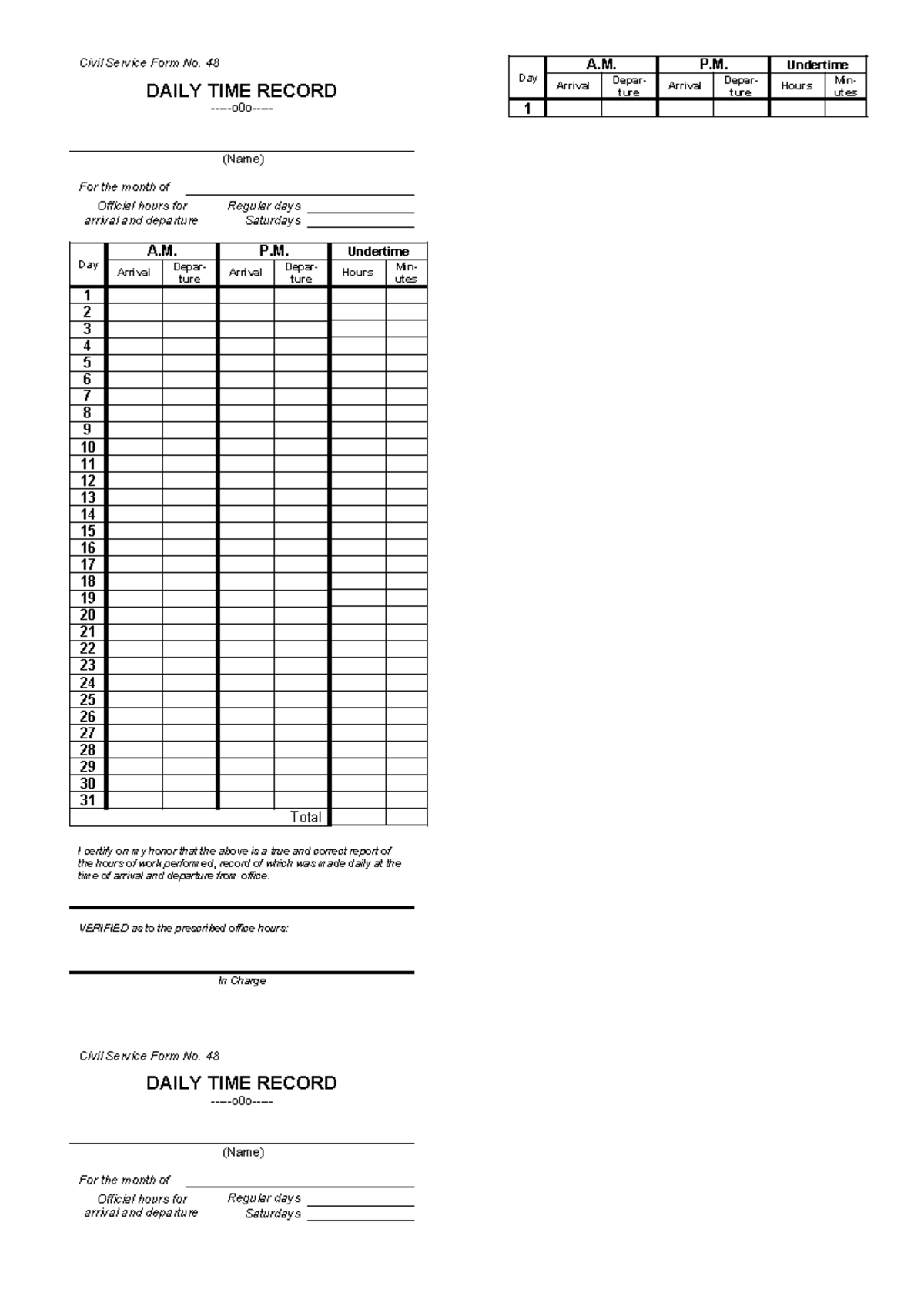 Civil Service Form No. 48: Daily Time Record (DTR) for the Month - Studocu