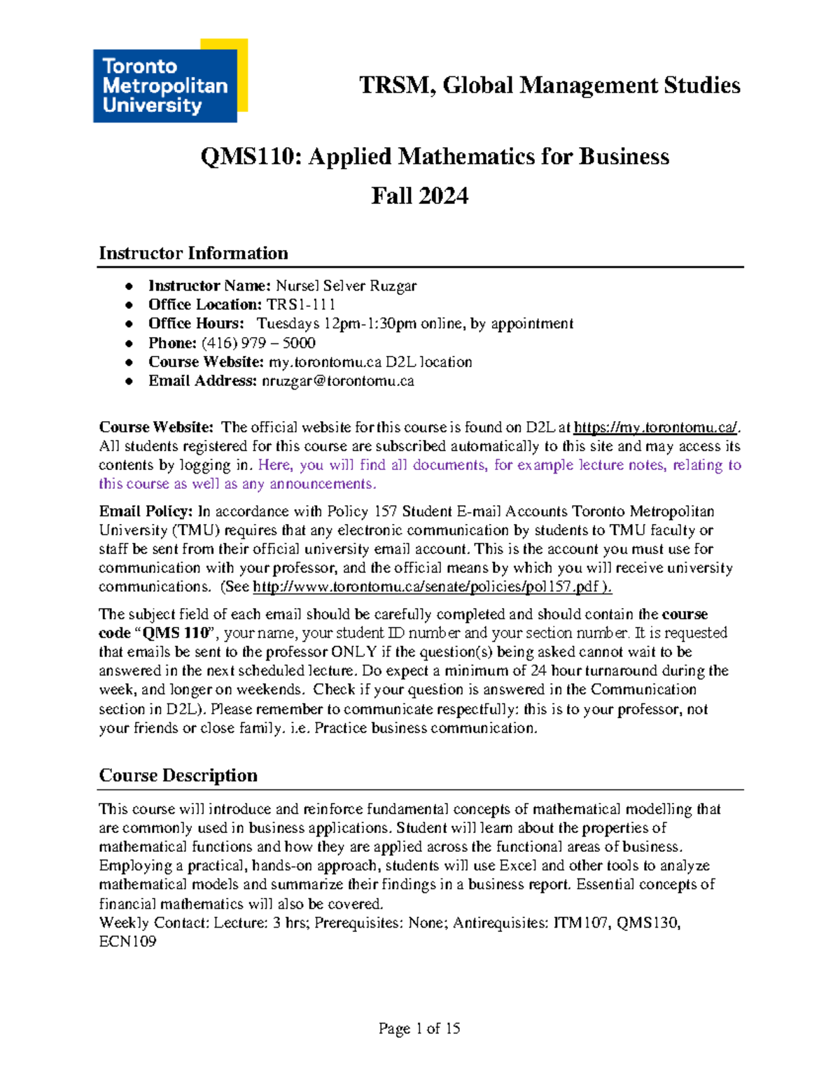 QMS110: Applied Mathematics for Business Course Outline - Fall 2024 ...