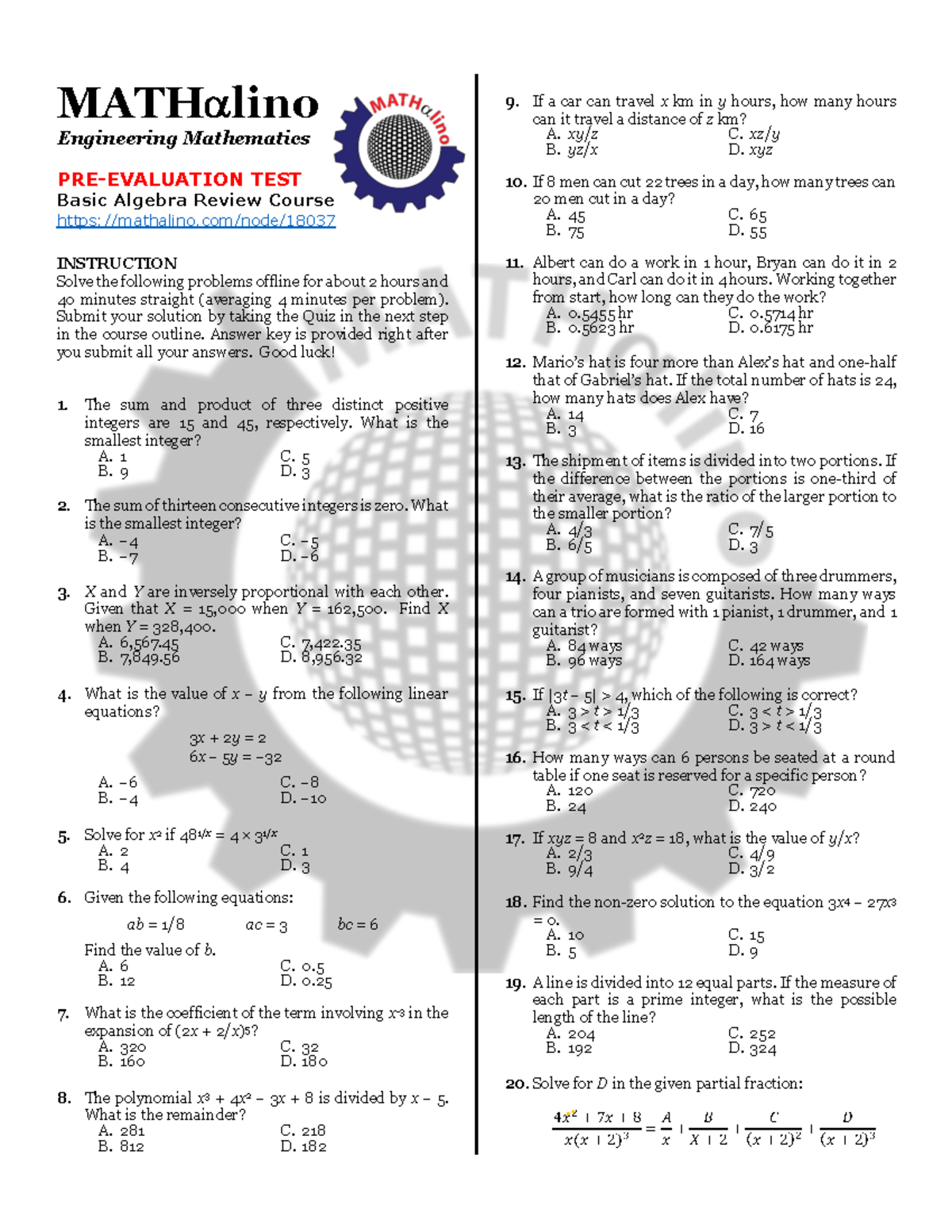 MATH 101: Pre-Evaluation Test for Basic Algebra Review - Studocu