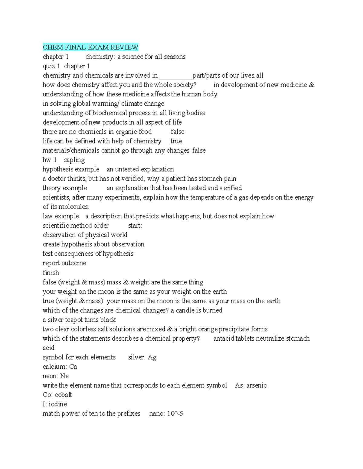 CHEM 101 Final Exam Review: Key Concepts and Quiz Insights - Studocu